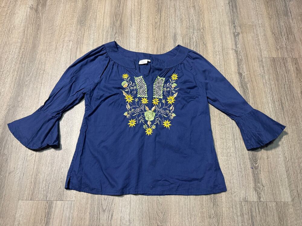 Eshakti Women's Navy Peasant Top with Floral Embroidery